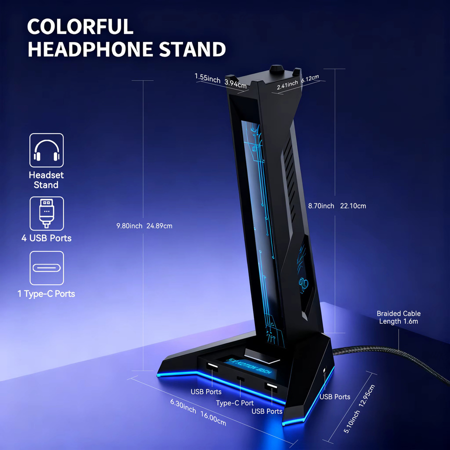 Deepartner H74 RGB Gaming-Kopfhörerständer mit USB-Hub und LED-Beleuchtung in Schwarz/Multicolor - Bild 3