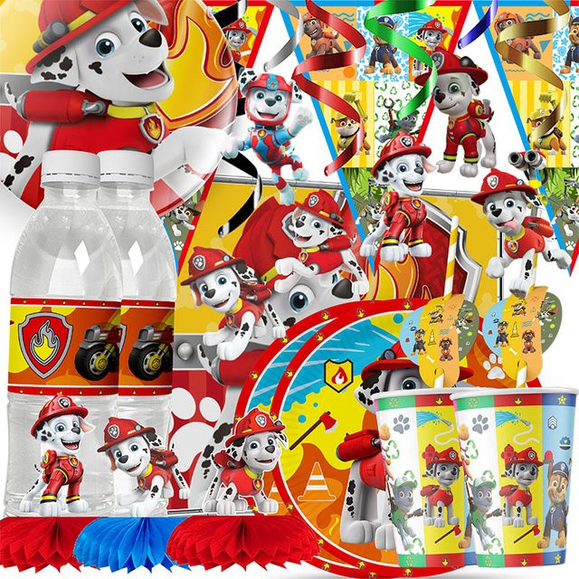 Paw Patrol Marshall Partyzubehör Set mit Teller, Tasse, Topper und Strohhalm in Mehrfarbig für Kindergeburtstage und Babypartys - Bild 1