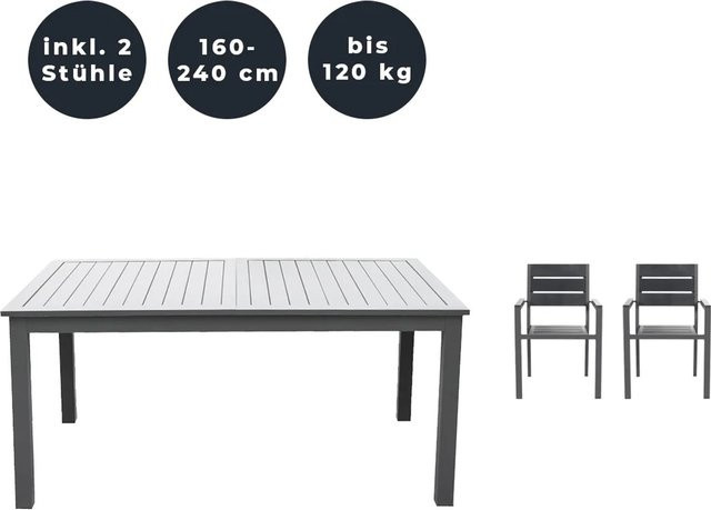 Home Deluxe Garten-Sitzgruppe Casa Madera ausziehbar aus Holz und Aluminium in Anthrazit und Grau, Tisch und 2 Stühle, B: 160 bis 240 cm, T: 100 cm, H: 74 cm - Bild 2