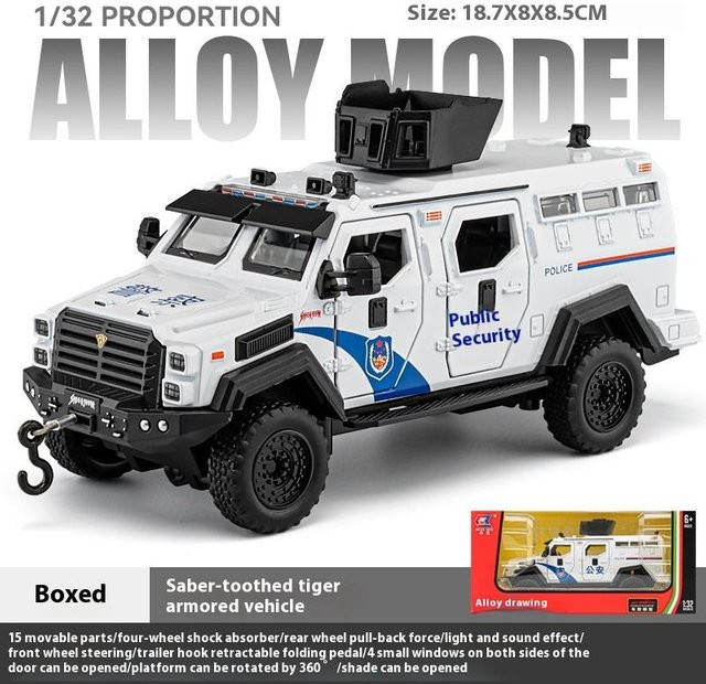 Linyi toy car Säbelzahntiger Polizei Militär gepanzertes Fahrzeug, Modellauto, 1:32, Metall, ab 4 Jahren - Bild 1