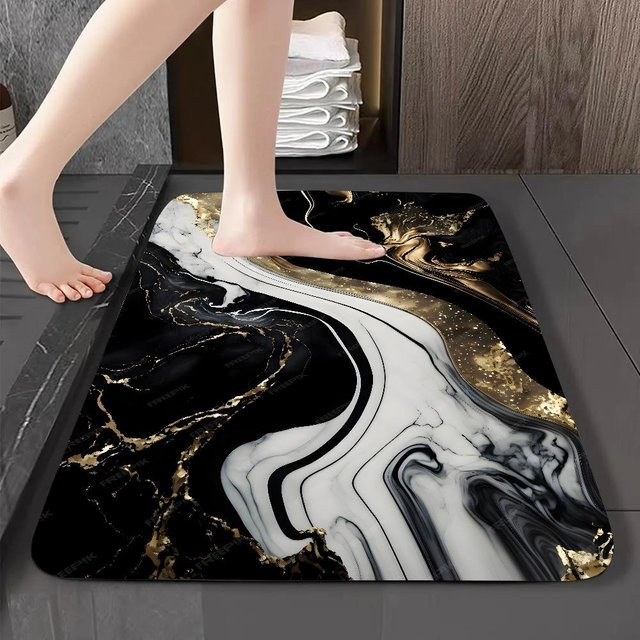 Karpetti Fußmatte mit Schwarzgold-Marmor-Design, rutschfeste Flanell-Fußmatte für Badezimmer, Küche oder Eingangsbereich, B/T: 60 x 40 cm - Bild 1