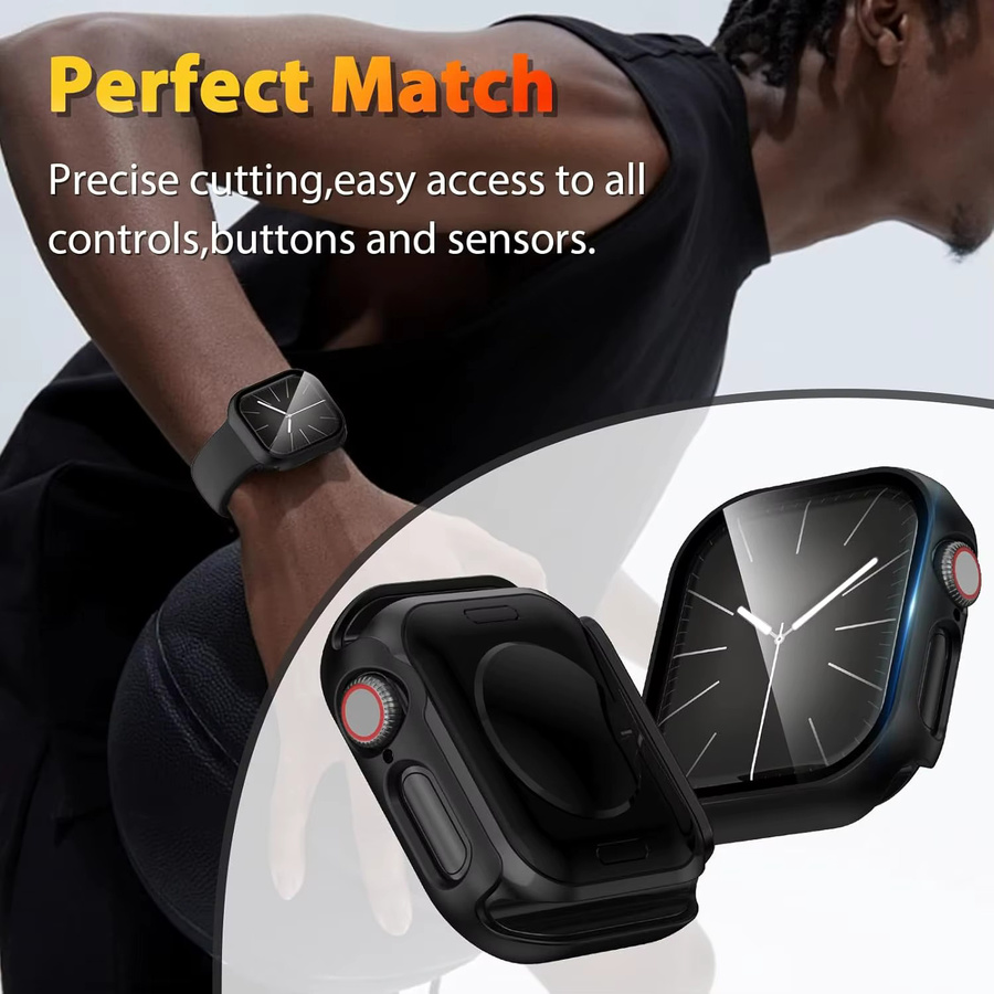 VATMENS Displayschutzfolie aus Glas und Hülle für Apple Watch Serie 3 bis 9 sowie SE in Schwarz und Grün - Bild 5