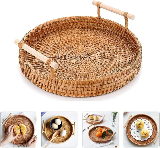 FEB.WIND Rattan-Servierkorb mit Griffen in Braun, handgewebtes Tablett für Brot und Obst, B: 22,0 cm, T: 22,0 cm, H: 6,0 cm - Bild 1