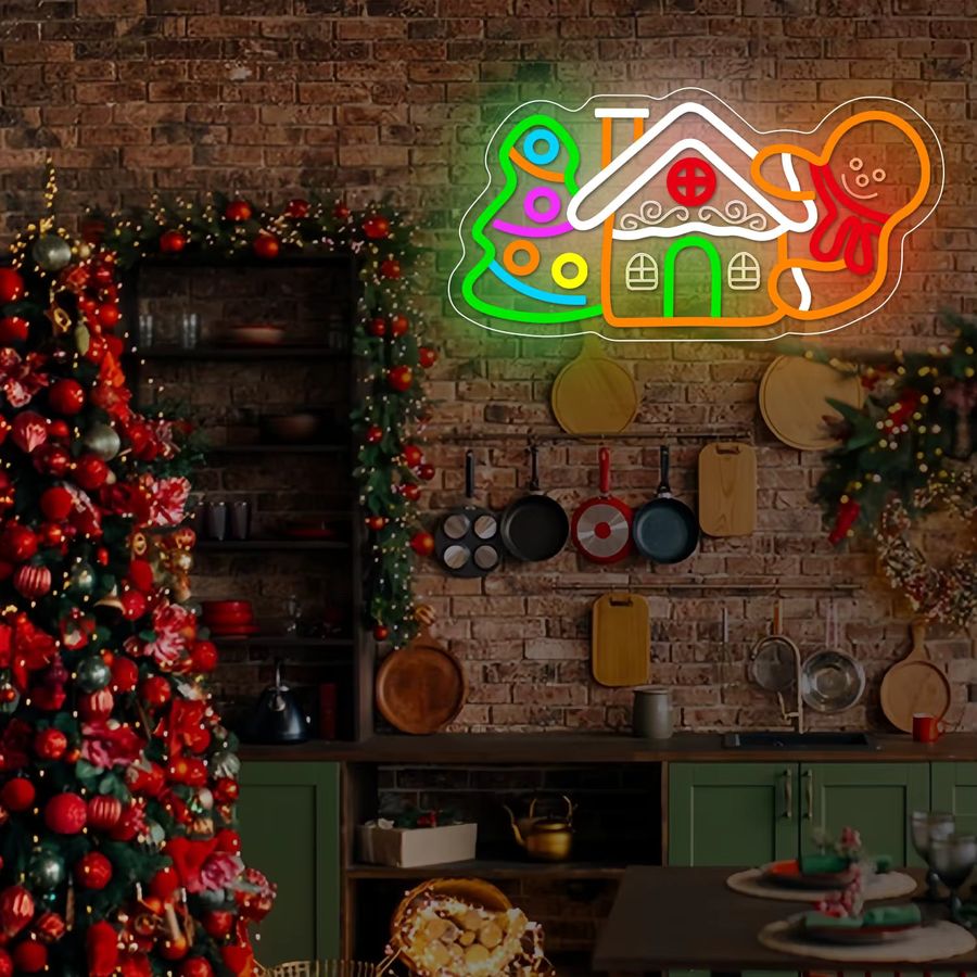 Dimmbare Wanxing Leuchtreklame mit Lebkuchenhäusern als Weihnachtsbaum-Leuchtschild zur Wanddekoration - Bild 3