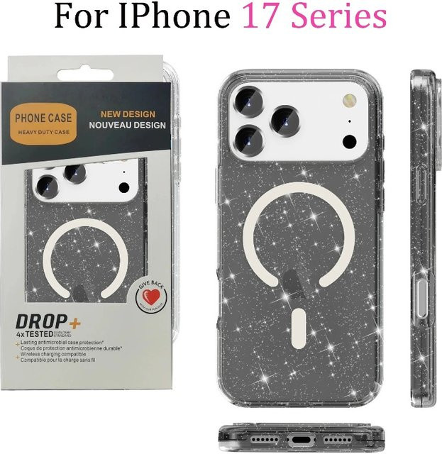 Bling Glitzer magnetische Handyhülle für iPhone 17 Air 16E 15 14 Plus 13 12 Pro Max transparent stoßfest und kabelloses Laden kompatibel - Bild 1