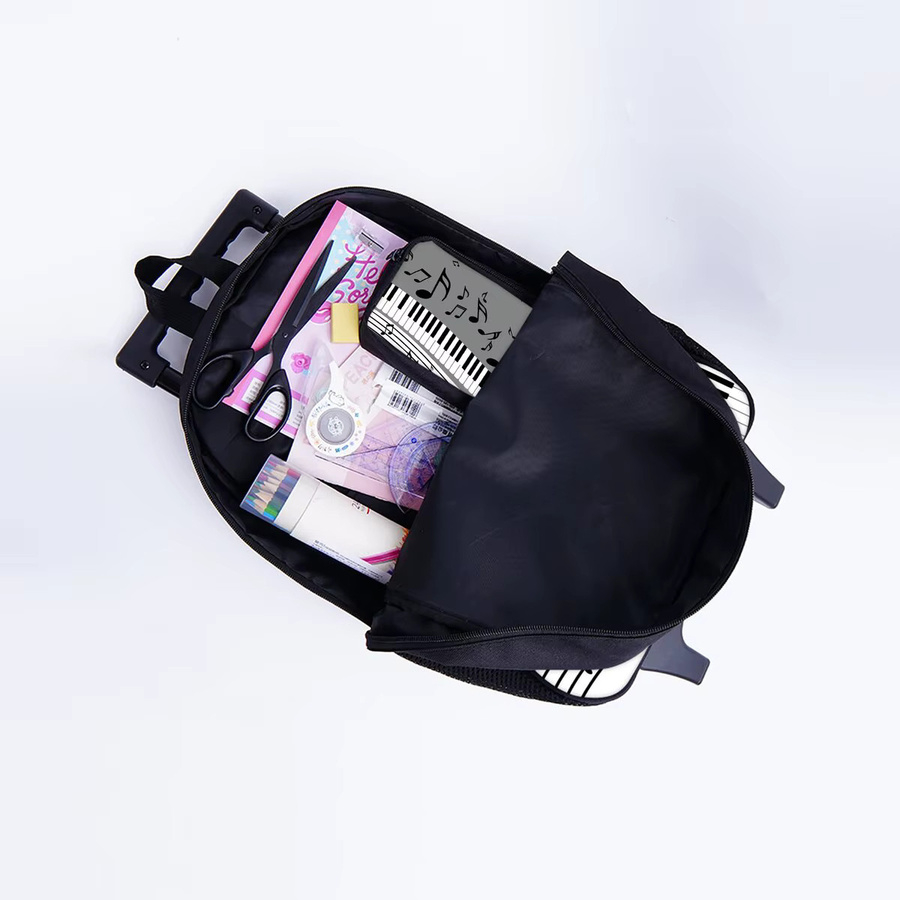 BAOERYE Kinder-Schultrolley-Set mit Rucksack, Lunchbox und Stifttasche im Piano Note Print Design, Blau - Bild 3