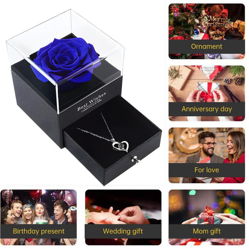 TOMTOP JMS Ewige Rosenbox mit blauer konservierter Rose und Kristallhalskette als Dekoration für Valentinstag oder Geburtstag - Bild 2