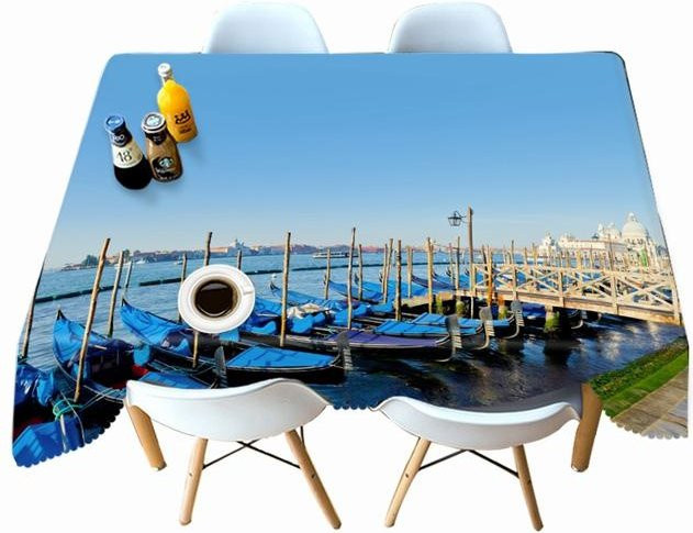 A Family Of Home Textiles Tischdecke mit Meereslandschaft und Segelboot Muster in Grau und Blau, Baumwolle, B/T: 40 x 40 cm - Bild 1