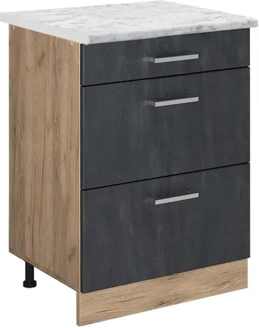 Vicco Küchenunterschrank R-Line Schubladenschrank in Schwarz Beton und Eiche mit Arbeitsplatte in Weiß-Marmor, Breite: 60 cm - Bild 1