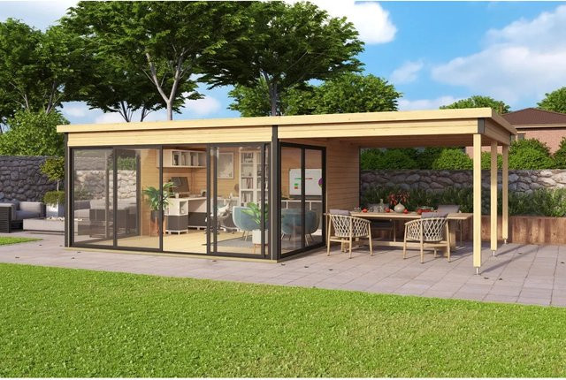 Lasita Maja Dachverlängerung Domeo 5 Blockbohlenhaus mit Flachdach, Farbe: Braun-beige Natur, B/H/T: 300 x 239,4 x 418 cm - Bild 1
