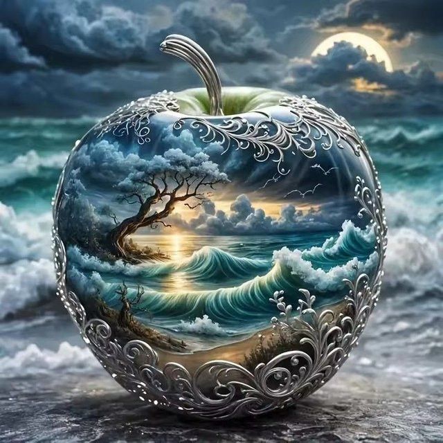 CHENISTORY 5D DIY Diamantmalerei Apfel und Meer Landschaft mit Strass-Stickerei für deine Wohndekoration - Bild 1