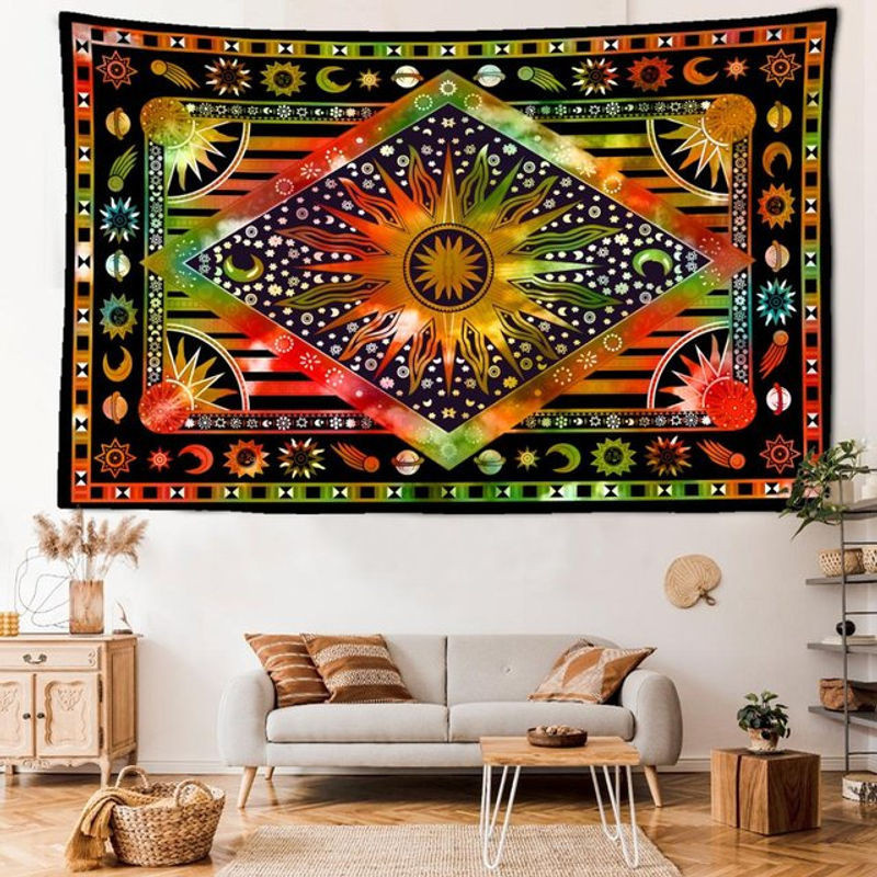 Wandbehang Binchi Outdoor Equipment Tarot Sonne im Bohemian Stil, abstraktes Design in Grün und Orange, Textil-Wanddekoration, B: 95 cm, H: 70 cm - Bild 1