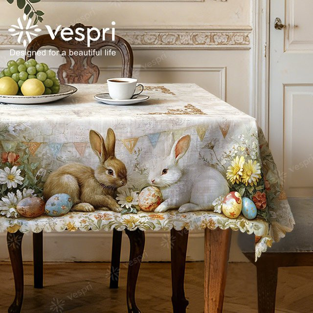 Vespri Oster-Tischdecke aus Polyester in Weiß und Beige mit Hasen-Blumen-Ei-Design für Party und Festival - Bild 1