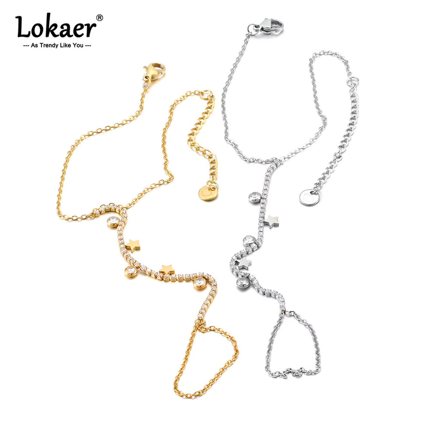 Lokaer Handrücken-Fingerarmband, Edelstahl, Gold, Zirkonia, Unisex - Bild 1