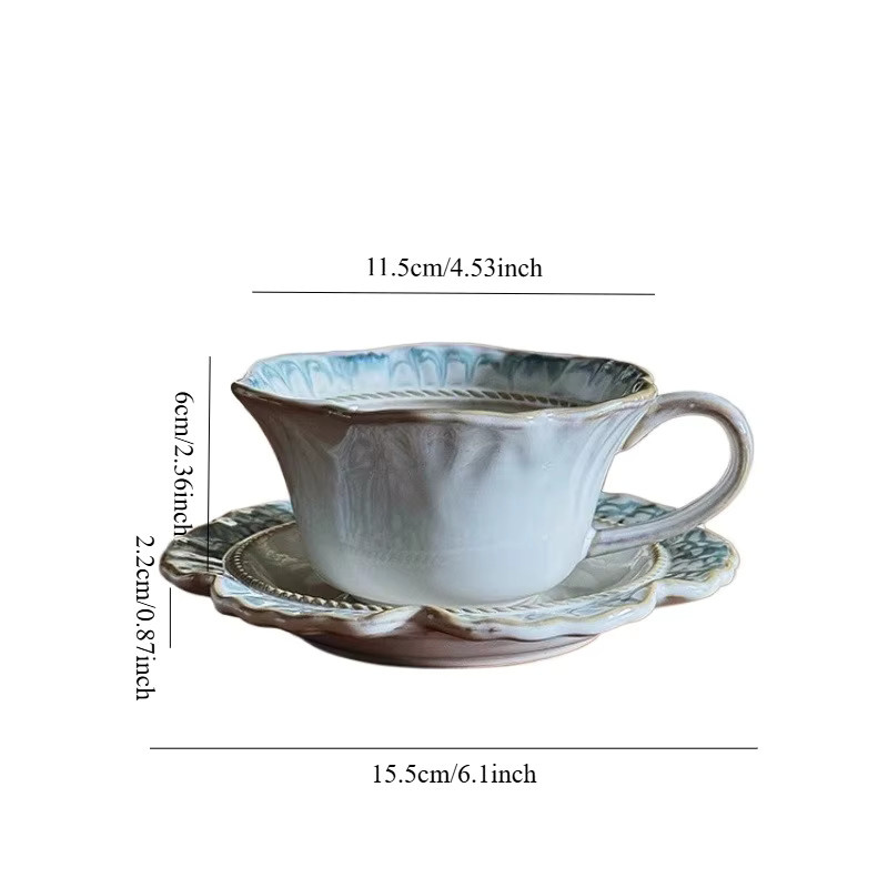Französische Vintage-Kaffeetasse aus Keramik mit Dessertteller in Blau und Weiß mit Relief-Design - Bild 3