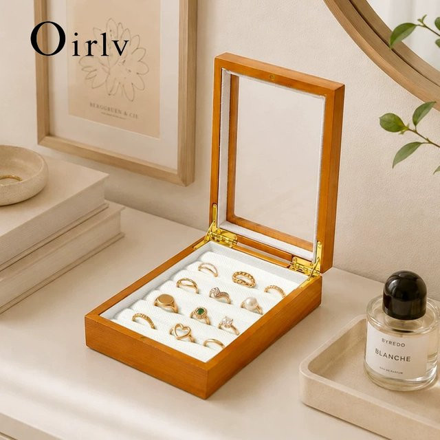Oirlv Schmuckbox aus Holz und transparentem Acryl als Schmuckorganizer mit Ringständer zur Aufbewahrung von Ringen und Ohrringen in Beige und Braun - Bild 1