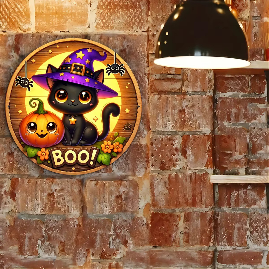 Potdemiel Halloween-Schild mit schwarzer Katze, rundes Aluminium-Dekor für Wand und Tür, Durchmesser: 20 cm - Bild 5