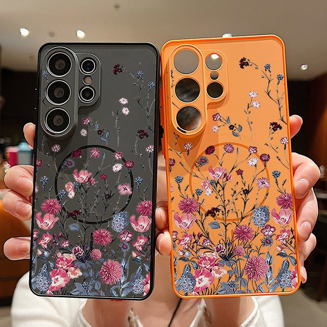 Magnetische Handyhülle mit Retro-Blumenmuster für Samsung Galaxy S25 S26 Ultra Edge S24 S23 FE A17 A56 A37 A16 A55 A15 A36 A55 in Pink - Bild 1