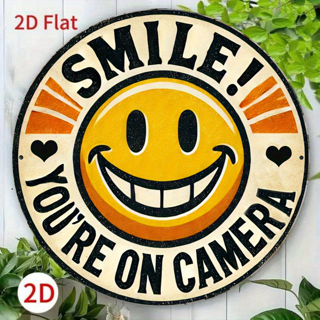 Potdemiel Vintage Wanddekoration Lächeln! You're on Camera rundes Aluminiumschild mit Herz-Design Durchmesser: 19,81 cm - Bild 1