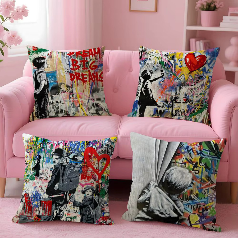 B-Banksy Street G-Graffiti Art Kissenbezug aus Bio-Leinen in Weiß und Multicolour, quadratisch, Breite: 30 cm, Höhe: 30 cm - Bild 2