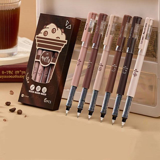 6 Stück Kaffee-Gelstifte mit 0,5 mm feiner Spitze, schnell trocknende schwarze Tinte und großes Tintenfassungsvermögen - Bild 1