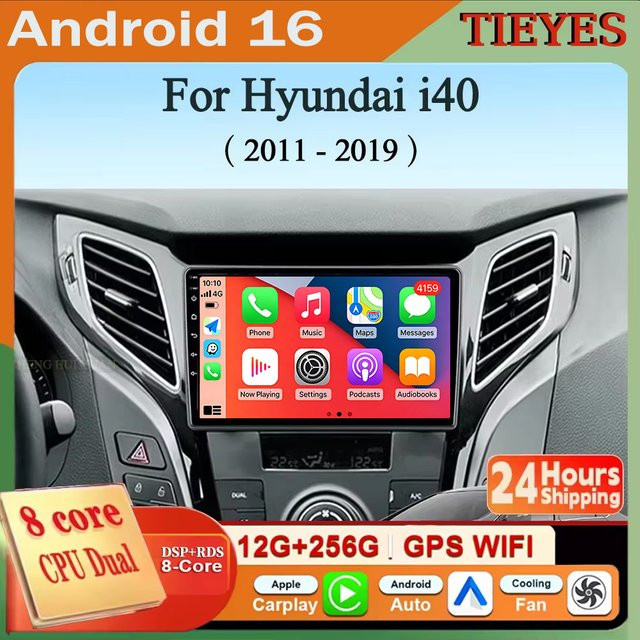 TIEYEZ Android 16 Autoradio für Hyundai I40 2011 - 2019 mit GPS, WiFi, 4G und kabellosem Carplay sowie Android Auto in Schwarz - Bild 1