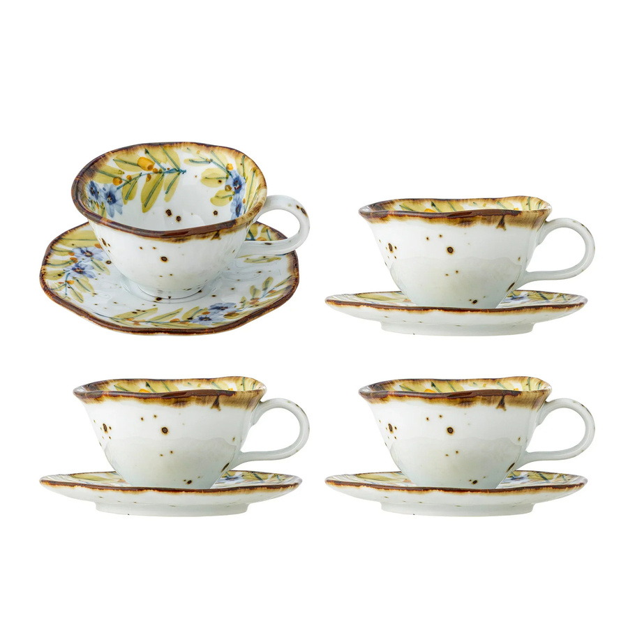 Bloomingville Savina Becher mit Untertasse 4er-Set aus Keramik in Weiß und Multicolour mit floralem Design - Bild 1