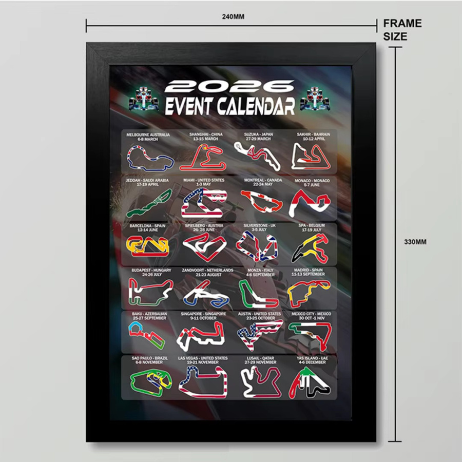 Geschenke und Versuchungen 2026 Formel Racing Event Kalender Poster mit Track Layouts und Nationalflaggen, Wandkunstdruck in Mehrfarbig - Bild 5