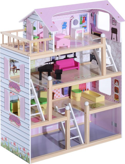 HOMCOM Puppenhaus Puppenstube aus Holz, ab 3 Jahre - Bild 1