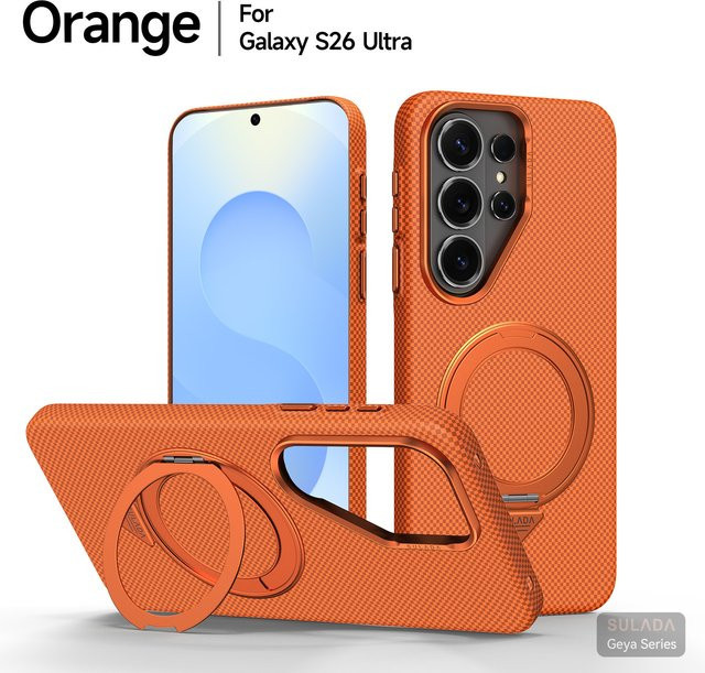 Sturzsichere Business-Schutzhülle mit Kevlar-Muster und drehbarem 360 Grad Ständer für Samsung S26 Ultra Plus in Orange - Bild 1