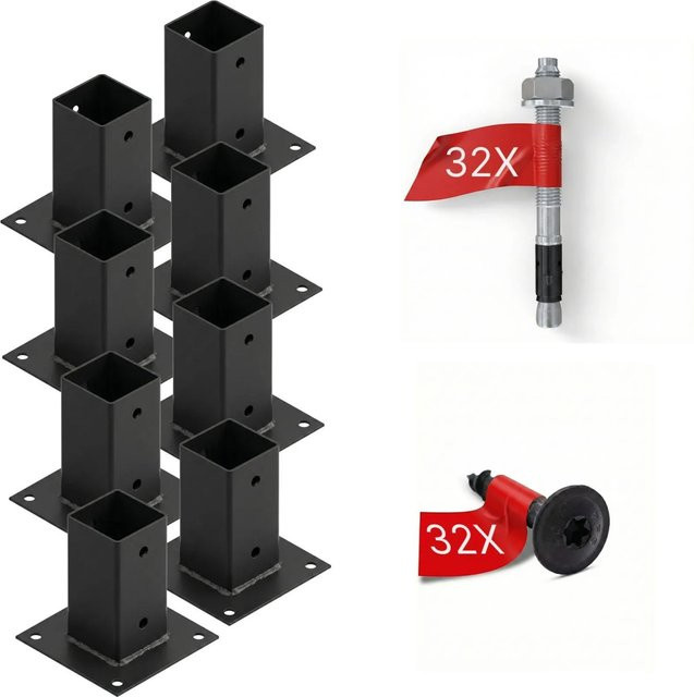 HOLLMAX Pfostenträger Set aus 8 Aufschraubhülsen für Vierkantpfosten, 71 mm, Schwarz matt pulverbeschichtet - Bild 1