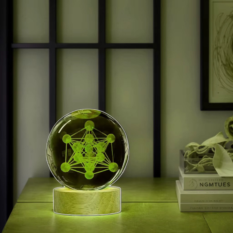 Metatron 3D-Lasergravur Kristallkugel-Nachtlicht aus transparentem Glas mit Holzsockel - Bild 2