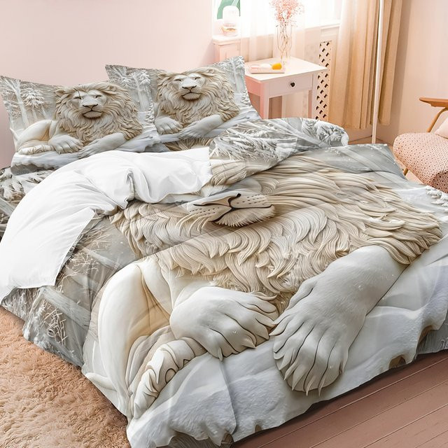 3-teiliges Bettbezug-Set mit weißem Relief-Wald-Löwe-Tier-Aufdruck, inklusive 1 Bettbezug und 2 Kissenbezügen, Farbe: Weiß, B/H: 135 x 200 cm - Bild 1