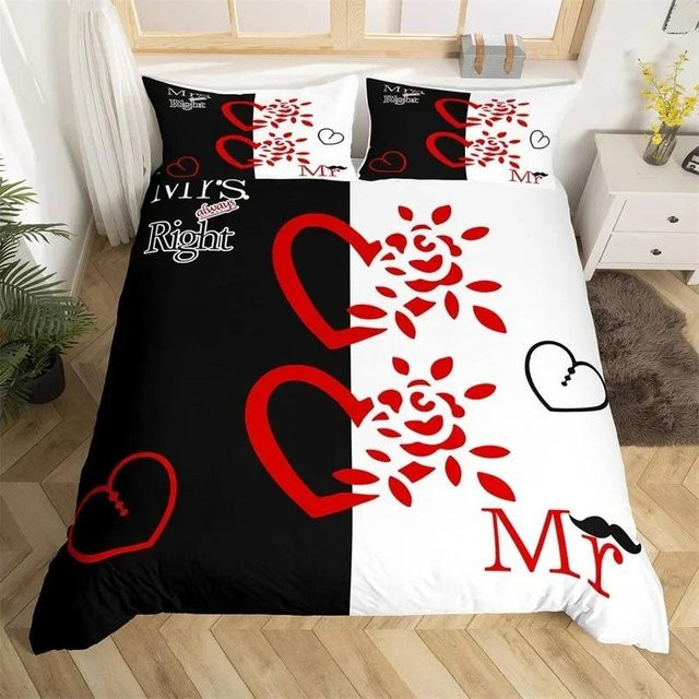 Bettwäscheset Mr. Mrs. aus Mikrofaser mit romantischem Hochzeitsthema und Liebesherzen, Farbe: Schwarz, B/H: 70 x 133 cm - Bild 1