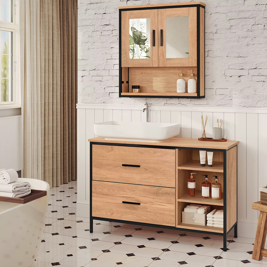EUGAD Badezimmerschrank Waschtischunterschrank mit 2 Schubladen und 3 Fächern in Eiche Beige Braun, B/T/H: 90 x 60 x 30 cm - Bild 4