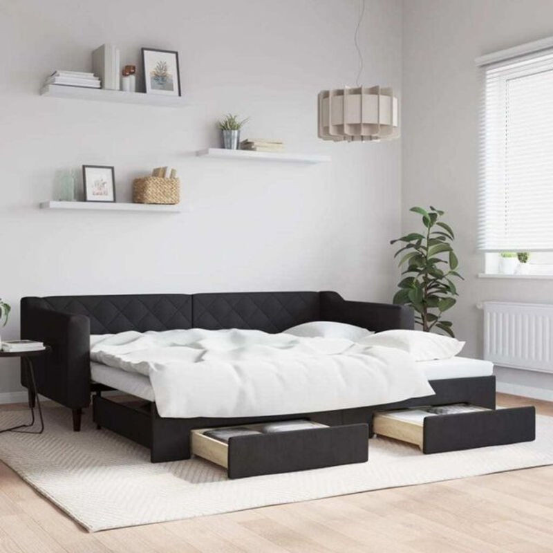 Ausziehbares Funktionsbett mit Schubladen von vidaxl in Schwarz aus Stoff und Metall, B/T/H: 90 x 200 cm - Bild 1