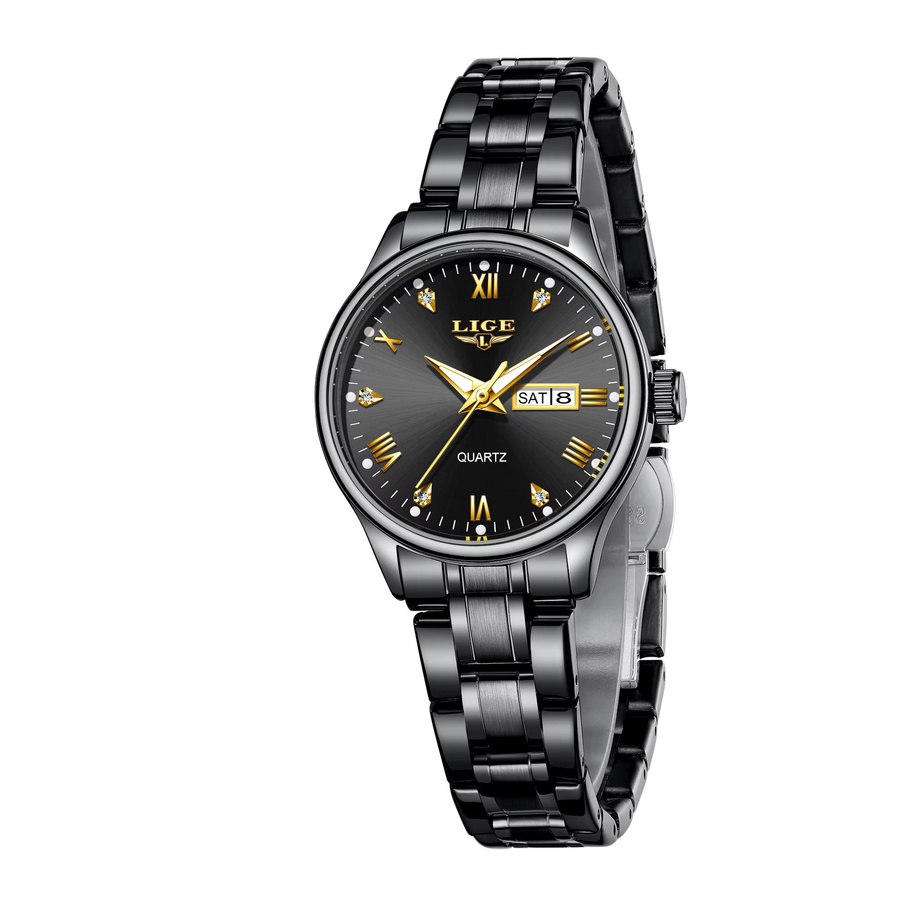 LIGE Armbanduhr Quarz, Edelstahl, Silikon, Schwarz, Damen - Bild 5