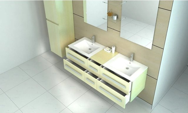 Jet-Line Badmöbel Set Zürich II in Holzoptik Oak mit Doppel-Waschtisch, 2 Waschbecken, 2 Spiegel, 2 Unterschränke und Mittelschrank, Breite: 150 cm - Bild 1