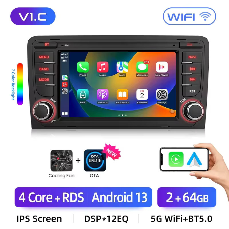 Junsun 7-Zoll Autoradio mit kabellosem CarPlay und Android Auto für Audi A3 8P S3 RS3 (2003-2012) in Schwarz mit GPS, Bluetooth und Sprachsteuerung - Bild 4