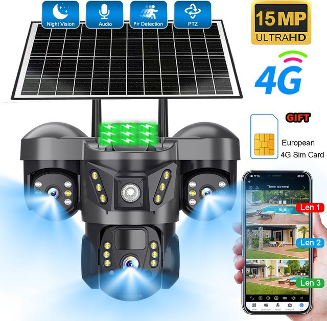 V380 Solar 4G Kamera mit Europa SIM Karte, Wasserdichte CCTV Sicherheitskamera mit drei Bildschirmen, Schwarz - Bild 1