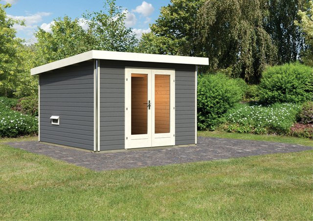 Saunahaus MAINBURG 1 mit Vorraum in Terragrau, Set B mit 3 Liegen, B/T/H: 309 x 309 x 309 cm, Sauna B/T/H: 225 x 190 x 225 cm - Bild 1