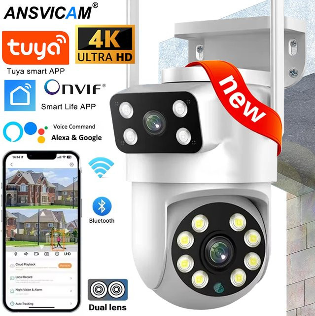 ANSVICAM Tuya PTZ WiFi Überwachungskamera mit Dual-Objektiv, 4K 8MP Full HD, Dual Screen, KI-Mensch- und Auto-Tracking für Outdoor, Weiß - Bild 1