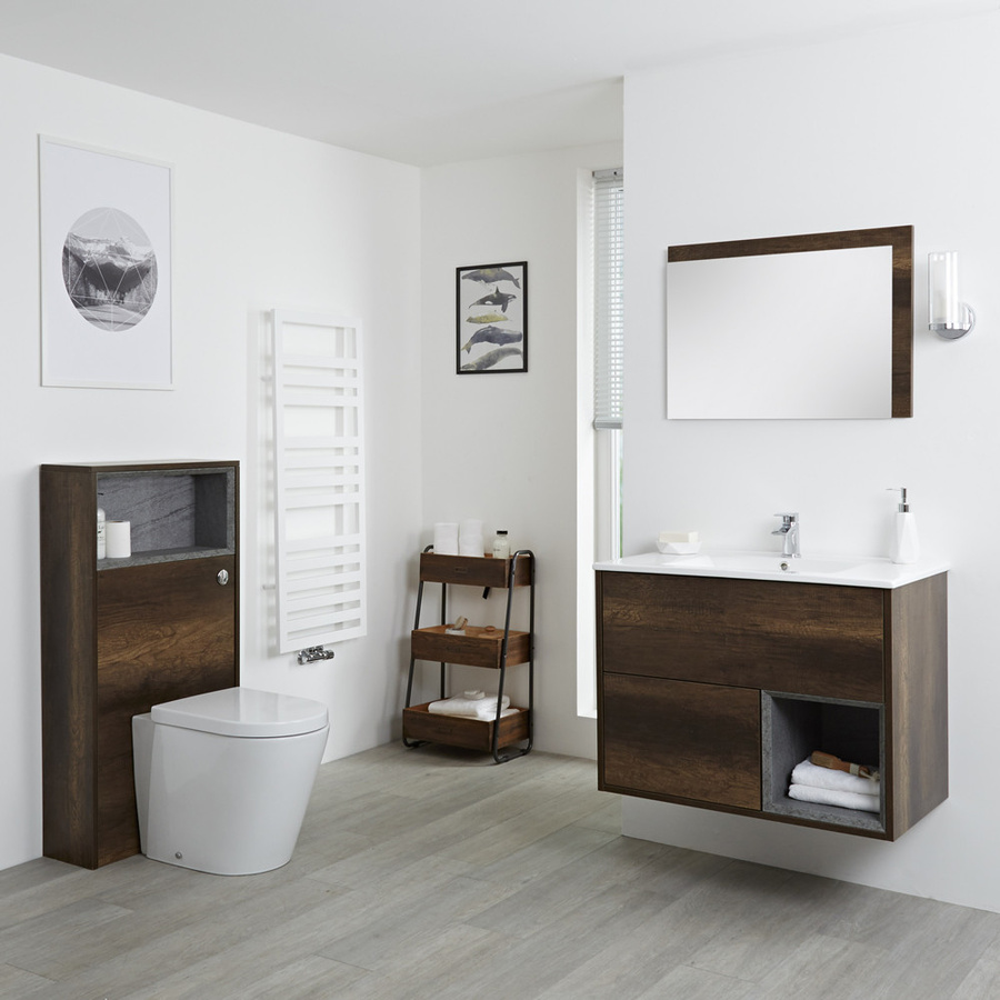 Hudson Reed Hoxton Badmöbel-Set mit Waschtischunterschrank und WC-Verkleidung in Dunkle Eiche, Breite: 80 cm - Bild 1