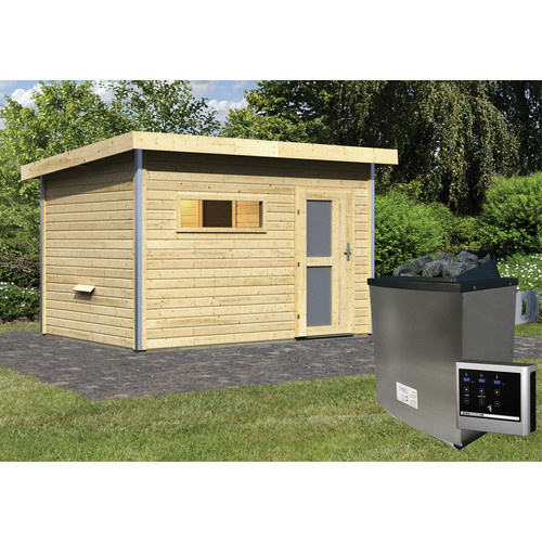 Karibu Saunahaus Schwanenburg 2 aus Fichtenholz in Beige mit 9 kW Ofen und externer Steuerung, B/T/H: 337 x 231 x 239 cm - Bild 2