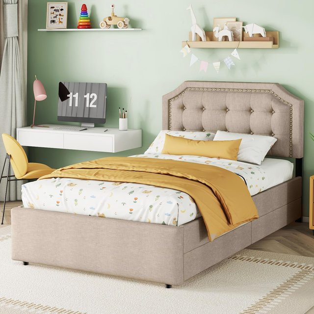 Flieks Kinderbett mit Lattenrost und Doppelschubladen in Braun und Dunkelbeige aus Leinenstoff, H x B x T: 111.5 x 203 x 90 cm - Bild 1