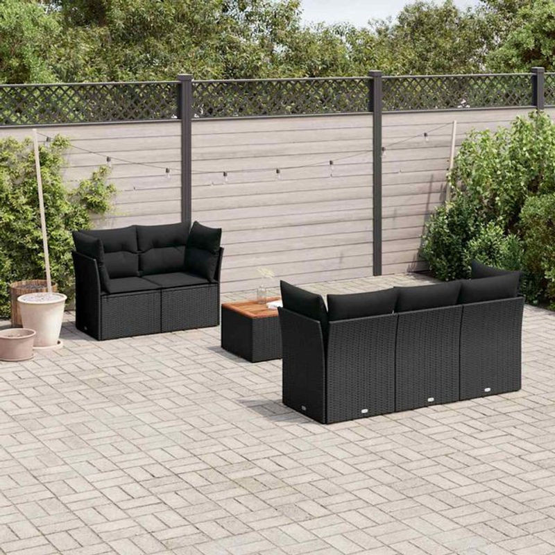 Vidaxl 6-teiliges Gartenmöbel-Set aus Polyrattan und Akazie in Schwarz mit Kissen - Bild 1