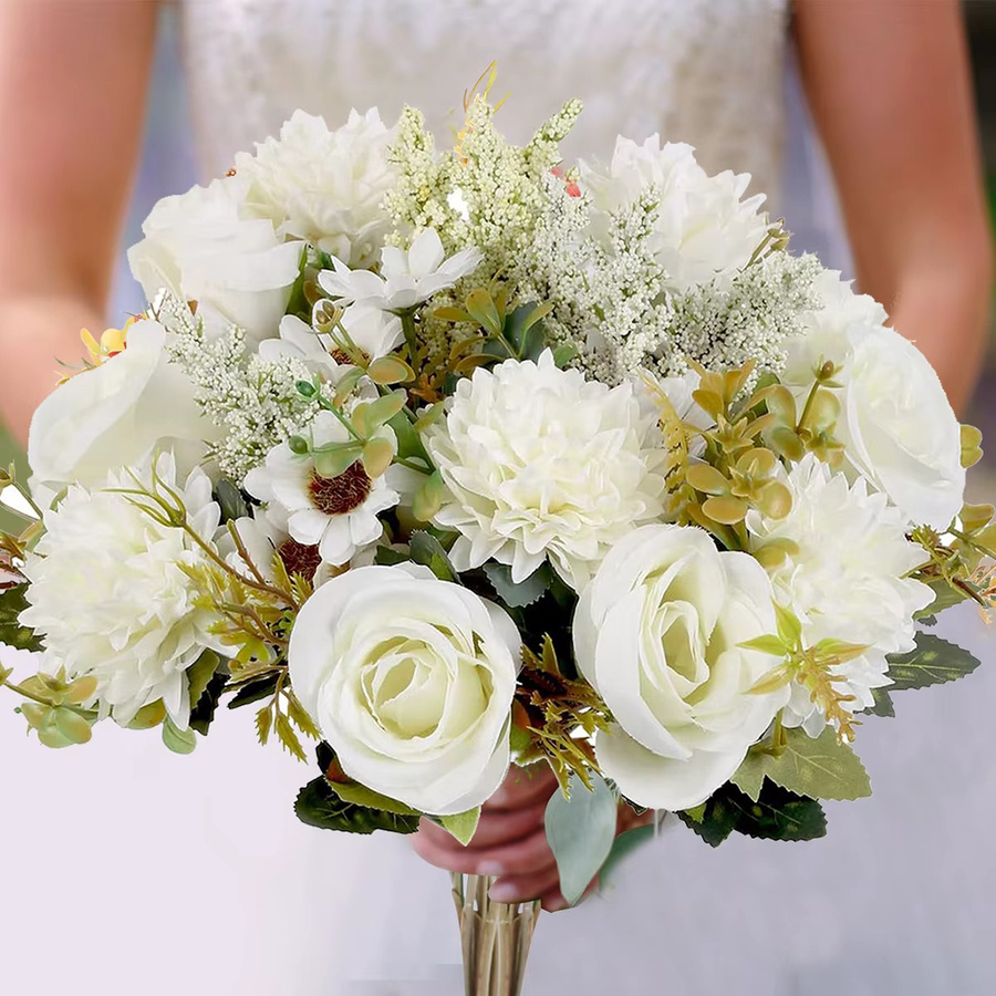 TTCY Künstliche Seidenrosen und Chrysanthemen in Weiß für Hochzeiten, Weihnachten und DIY-Dekorationen - Bild 1