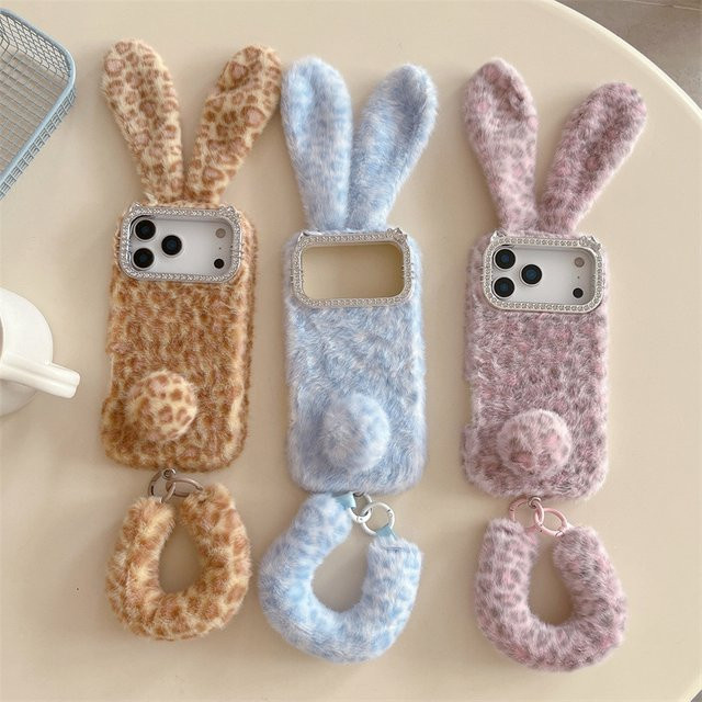 MUQGEW Plüsch Handyhülle mit Hasenohren und Leopardenmuster für iPhone 17 16 15 14 13 Pro Max inklusive Riemen, Blau, stoßfeste Abdeckung - Bild 1