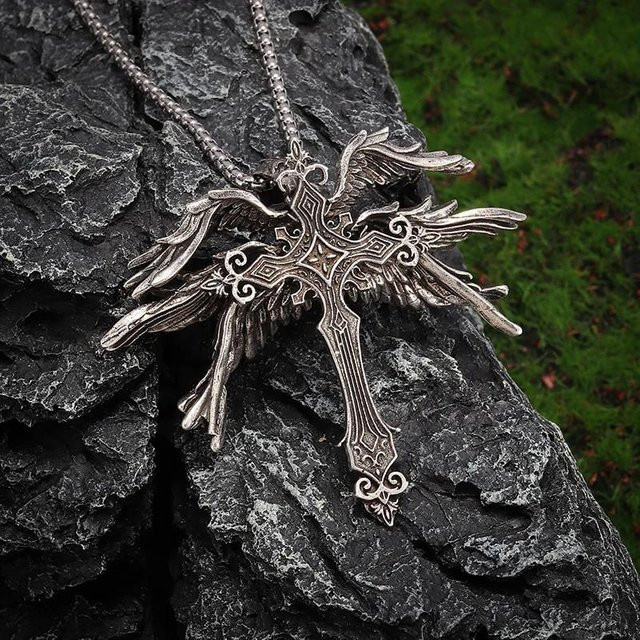 Binchi Outdoor Product Halskette Engelsflügel-Kreuz-Anhänger, Silber, Messing, Unisex - Bild 1