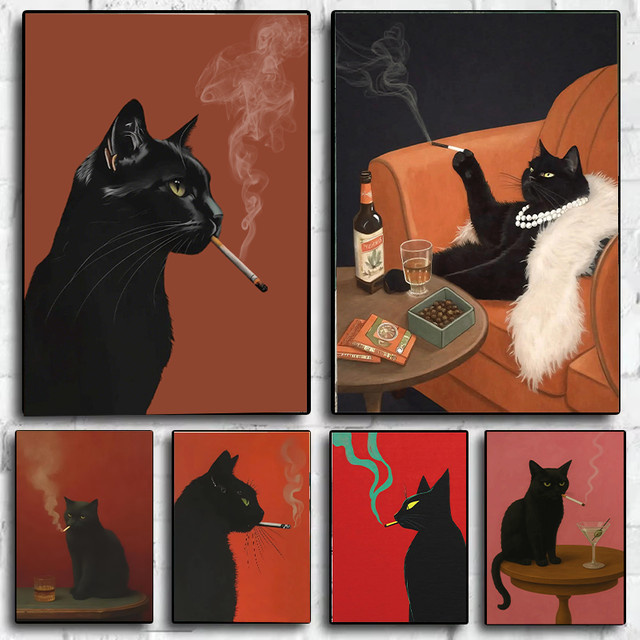 Vintage Poster von SHENCHEN mit einer rauchenden schwarzen Katze als skurriles Wanddekor aus Papier - Bild 1